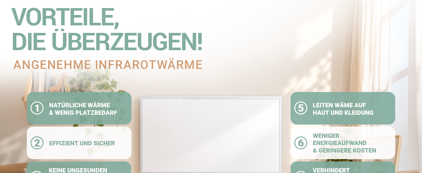 Wei&szlig;e Heidenfeld Infrarotheizung mit Vorteilen wie nat&uuml;rlicher W&auml;rme, geringem Platzbedarf, hoher Effizienz und niedrigem Energieaufwand.